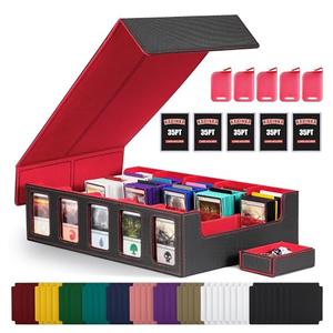 Trading Card Storage Box with Commander Display , 5-Row Deck Case with Removable Lid; 3900+ Card Deck Box for MTG TCG Sports Card, 5 Top Loaders, 5 Stoppers, 48 Dividers,1 Dice Tray (Black Red)