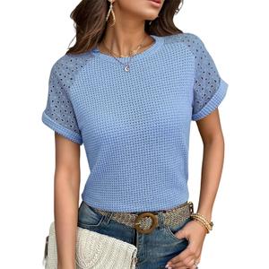 Women's Waffle Knit Tops Going Out Short Sleeve T Shirts Trendy Summer Tunic Casual Hollow Out Crochet Blouses (Blue, M)
