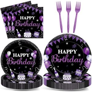 200Pcs Purple and Black Birthday Decorations Happy Birthday Party Supplies Tableware Set Purple Black Disposable Paper Plates Napkins Dinnerware for Women Girl Men Party Baby Shower Decor Serve 50