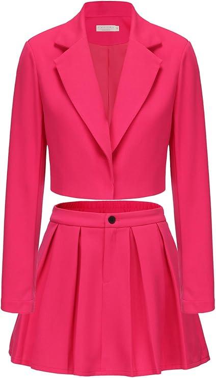 EXLURA Women's Long Sleeve Blazer Suit Sets with Pleated Mini Skirt Fall 2 Piece Outfits Trendy Y2K Fashion Clothes
 S Pink