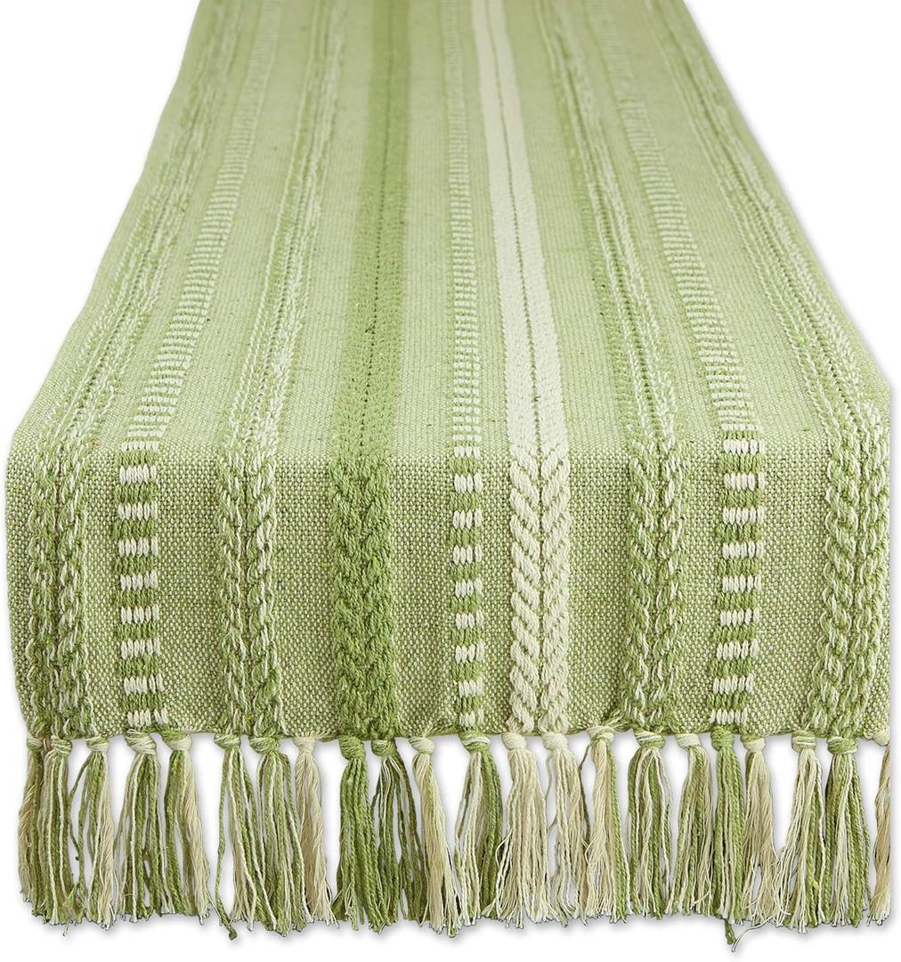 DII Farmhouse Braided Stripe Table Runner Collection, 15x72 (15x77, Fringe Included), Antique Green