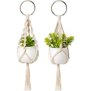 Dahey Mini Macrame Plant Car Accessories Rear View Mirrior Charm Cute Hanging Rearview Car Decor Boho Small Hanger with Artificial Succulent Plants for Plant Lover, 2 Pcs, 10.5 inch, White