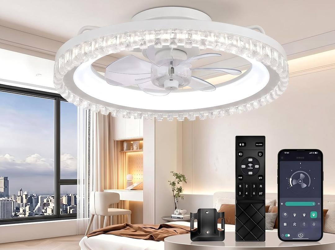 Flush Mount Ceiling Fan Light, Smart Low Profile Ceiling Fan with Lights, Remote & App Control, 3000K-6500K Dimmable LED, Quiet DC Motor, 6 Speeds, for Bedroom, Living Room 20" White