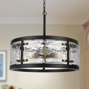 CNRATYE 20" Farmhouse Round Black Chandelier, 5-Light Rustic Dining Room Light Fixtures Over Table, Industrial Glass Chandeliers for Dining Kitchen Living Room, Clear Waterglass Drum Shade