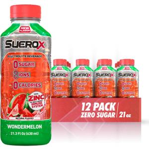 SueroX Sugar-Free Sports Drink for Hydration and Recovery, Electrolyte Hydration Drink with 8 Ions, Zero Calorie Sports Drinks, Wondermelon (Watermelon) flavor, 21.3 Fl Oz, 12 Count, Best By 12, 2026