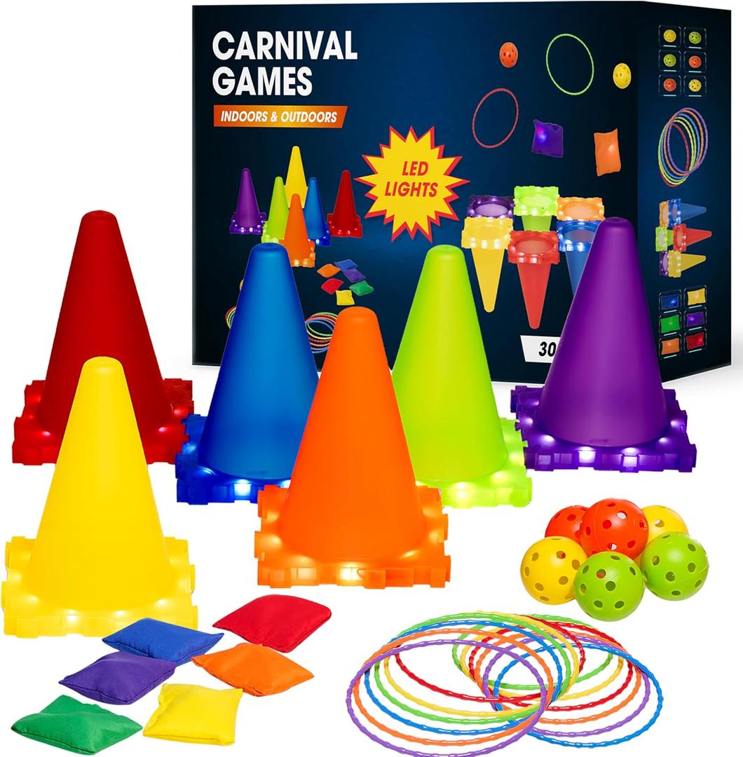 Carnival Outdoor Indoor Game for Kids Ages 4 5 6 7 8 9 10 11 12 and Up with LED Lights – 30 PCS Ring Toss, Bean Bags, Plastic Cone Toss – Perfect for Birthday Gift Parties & Night Play