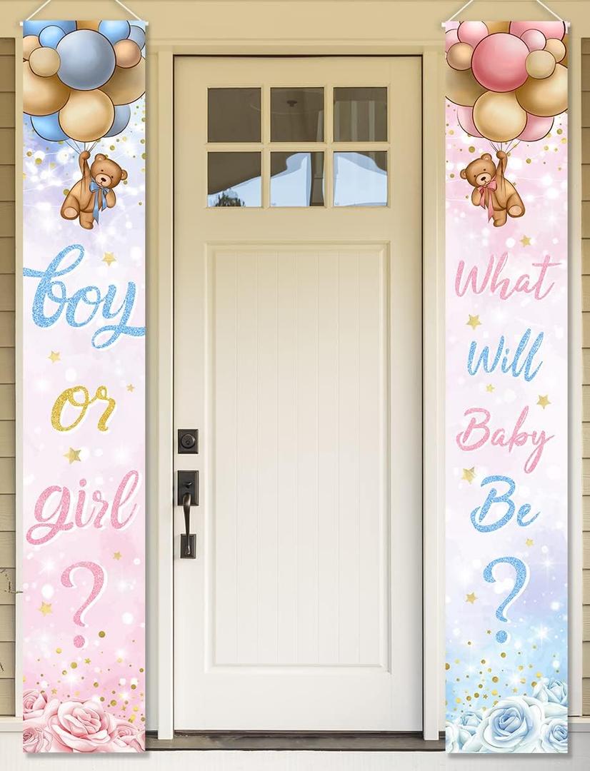 Baby Bear Gender Reveal Decorations - Boy or Girl Porch Sign Banner, Pink Blue Balloon Baby Shower Door Hanging Banner for Party Supplies 