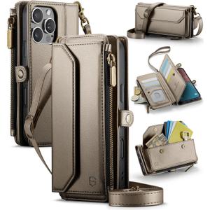 Wallet Case Compatible with iPhone 16 Pro Max 6.9" RFID Blocking 10-Card Holder Soft PU Leather Magnetic Snap Strap Zipper Pocket Phone Case Fit for iPhone 16 Pro Max - Desert Titanium