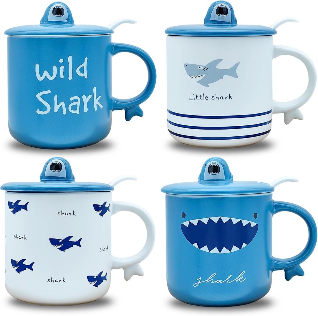 Shark Pattern 12 Oz Porcelain Coffee Mug Set of 4 with Lid and Spoon, Ceramic Mugs Sets, Perfect for Coffee, Tea and Milk, Microwave and Dishwasher Safe, Gift for Coffee Lovers
