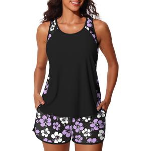 Summer Mae Blouson Tankini Swimsuits for Women 2026 Tummy Control Two Piece Bathing Suits with Sporty Pockets Swim Shorts (Black, M)