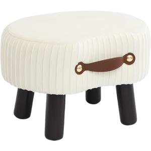 Small Footstool with Handle, Velvet Ottoman Foot Rest with Padded Seat, Curved Foot Stool with Wooden Legs, Portable Foot Rest for Living Room, Bedroom, Entryway, White