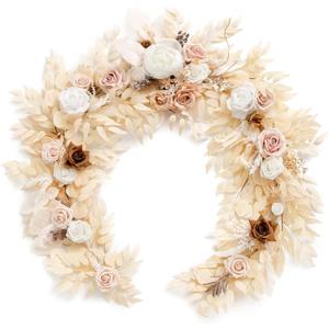 Ling's Moment Flower Garland - 6FT Eucalyptus & Rose - Sweetheart Table Decor for Wedding Reception, Artificial Floral Garland for Mantle, Thanksgiving, Christmas Decoration, White & Beige
