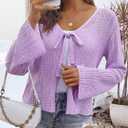 2 x Saodimallsu Womens Summer Crochet Lightweight Cardigans Tie Front Mesh Knit Long Sleeve Casual V Neck Beach Cover Ups (Purple)