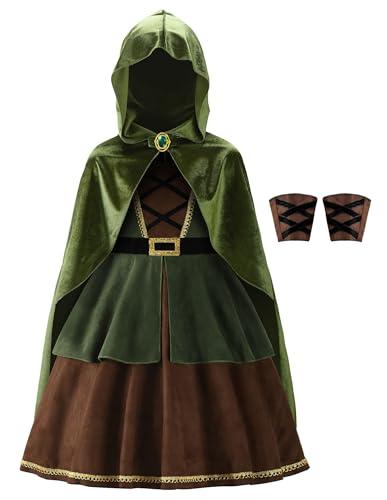 ReliBeauty Archer Costume Girls Huntress Costume for Girls with Cape,Green, 150/10-12T