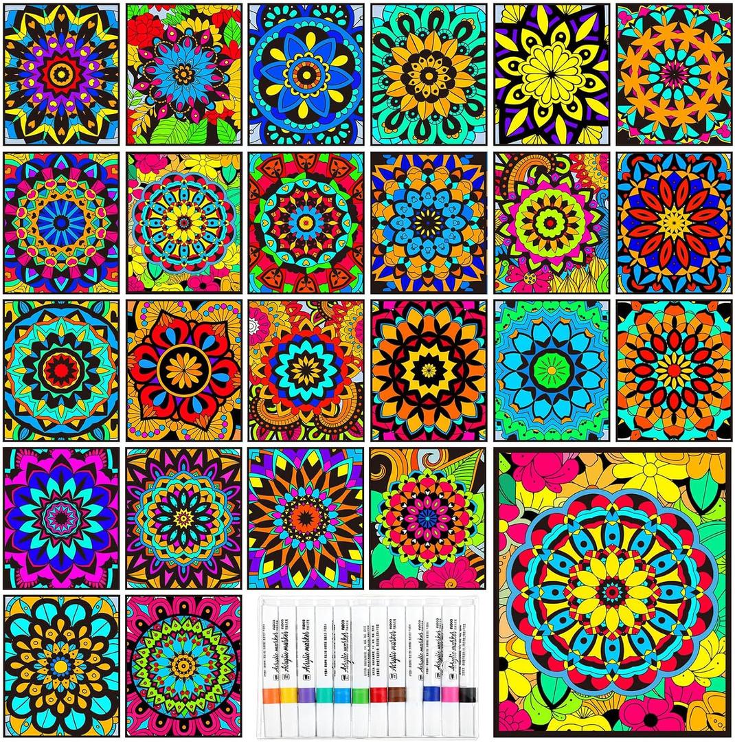 Zhanmai Pack of 48 Mandala Velvet Coloring Posters and Watercolor Pens Flower Fuzzy Velvet Coloring Posters for Adults Teenagers Large Poster for Classroom Festive Holiday Crafts Activity