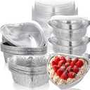 Hushee 24 Pcs 15 oz Valentine's Day Heart Shaped Cake Pan with Lid 6.3 Inch Aluminum Foil Disposable Cupcake Baking Pan Heart Food Packing Muffin Tin Liner Pudding Cooking Cup for Mother's Day