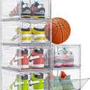 Thicken & Sturdy Clear Shoe Storage Organizer with Magnetic Door, Stackable Boxes for Closet, Foldable Space-Saving Shoe Rack for Sneaker Boot Container, Plastic Shoe Cabinet Shoe Box 6 Pack, White (6 pcs)