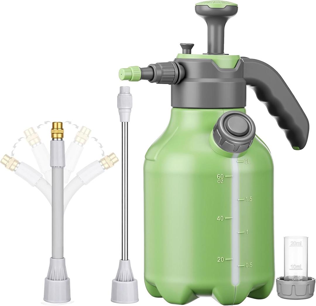 0.5 Gallon Hand Pump Sprayer for Garden 68 oz Plant Spray Bottle 2L with Side Water Inlet Safety Valve Adjustable Nozzle Extended 360 Spray Rod for Watering Fertilizing Cleaning(Green)