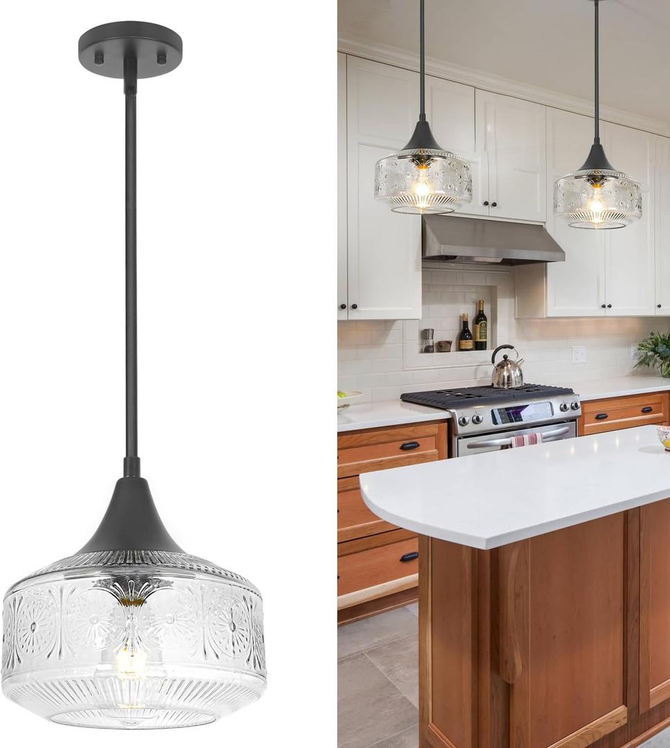 Black Pendant Lights Kitchen Island, Pendant Light with Large Thickened Glass Lampshade, Vintage Pendant Light Hanging Light Fixture for Dining Room Hallway Bedroom, E26 Base & Adjustable Cable (9.25in)Black+Clear