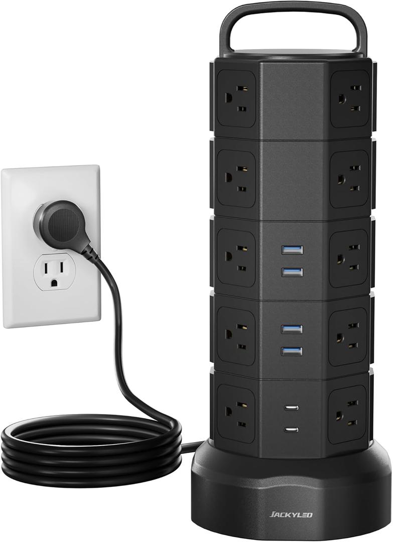 Power Strip Tower, 20 AC Outlets 6 USB Ports(2 USB C), 1050J Surge Protector, 13A Desktop Charging Station, 6.5ft Heavy Duty Extension Cord with Multiple Outlets for Home Office Garage, Black