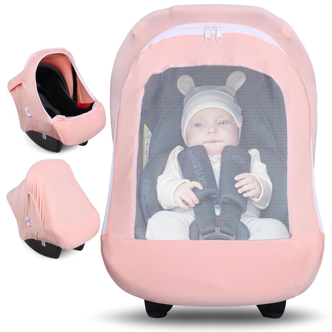 Metplus 2-in-1 Baby Car Seat Cover, Multi Use Cover for Baby Car Seat Canopy with Privacy Sun Shade, Protect Your Baby's Safety Seat with Style, Infant Carrier Covers for Boys & Girls (Pink)