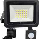 HANNANHONG Motion Sensor Flood Lights with Plug in, PIR Slim Design, 6500K Daylight, Outdoor IP66 Waterproof,Auto ON/Off Intelligent Security,Work Light for Garage Yard Patio Pathway Porch (20W)