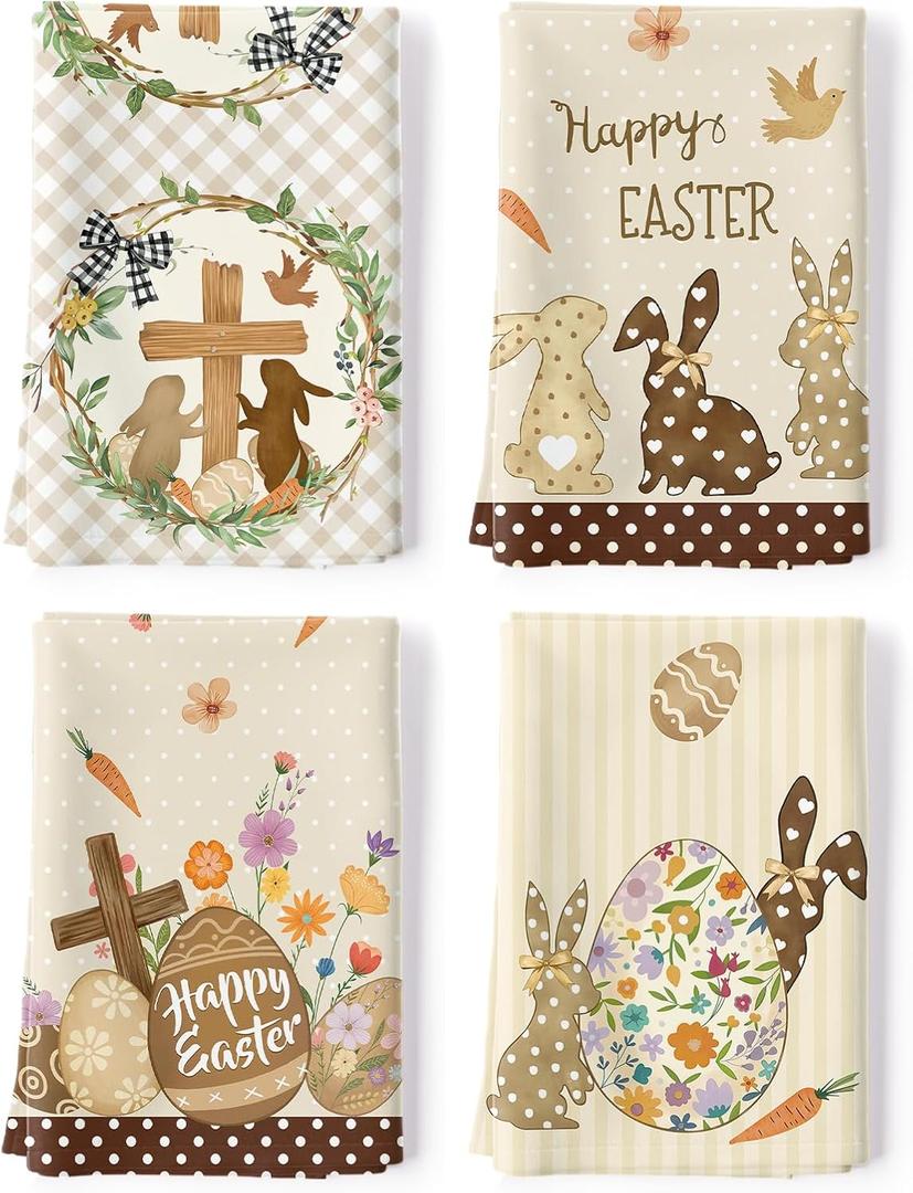 Easter Bunny Tea Towels 100% Cotton Quick Dry Beige Rabbit Kitchen Towels, 18.9 x 27.5'' Absorbent Dish Cloth for Kitchen Home Decor, Housewarming, Birthday Gifts for Women, Set of 4