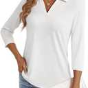 LYHIPSS 3/4 Length Sleeve Womens Tops Dressy Casual V Neck Polo Shirts Business Work Blouses 2025 Trendy Tunic Top White Medium