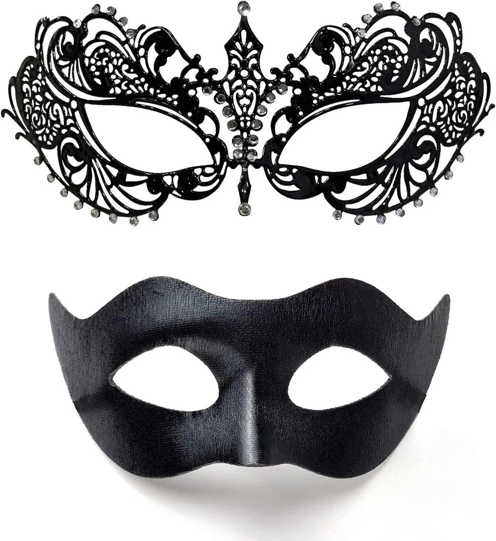 HyperFun Masquerade Mask for Couples Venetian Metal & Leather Mask Set, Women Men Halloween Mask, Specially for Costume, Prom (Ana Black)