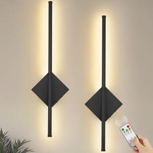 Battery Operated Wall Sconces Set of Two Wireless Rechargeable Light with Remote - Black Wall Lamp Dimmable Modern Sconces Home Decor for Bedroom Living Room Hallway Timing 23.6 Inch