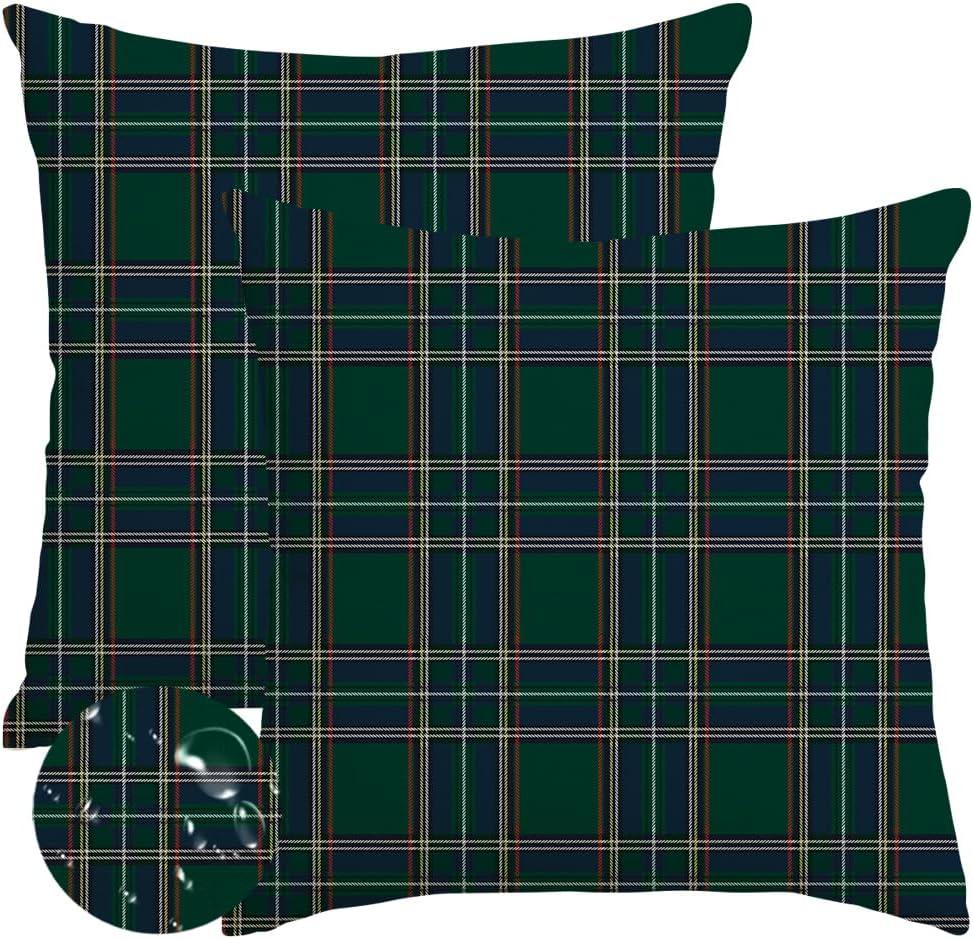 RABUSOFA Christmas Pillow Covers 20x20 Inch Set of 2 Indoor Outdoor Waterproof Scottish Tartan Plaid Classic Throw Decorative Cushion Cases for Christmas Decor Decorations Couch Patio Dark Green