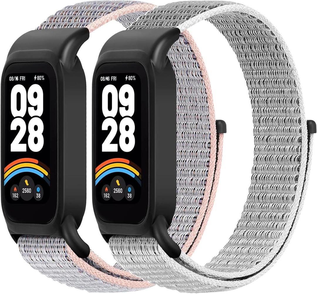 Nylon Watch Bands Compatible for Xiaomi Smart Band 9 Active/Redmi Band 3, 2 Pcs Adjustable Breathable Sport Loop Wristband Replacement Straps for Women Men