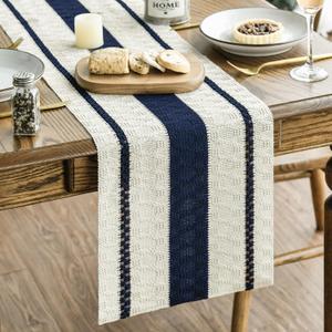 Artoid Mode Dark Blue Farmhouse Woven Rustic Table Runner, Seasonal Holiday Hollow Kitchen Dining Table Decoration for Home Party Decor 12x36 Inch