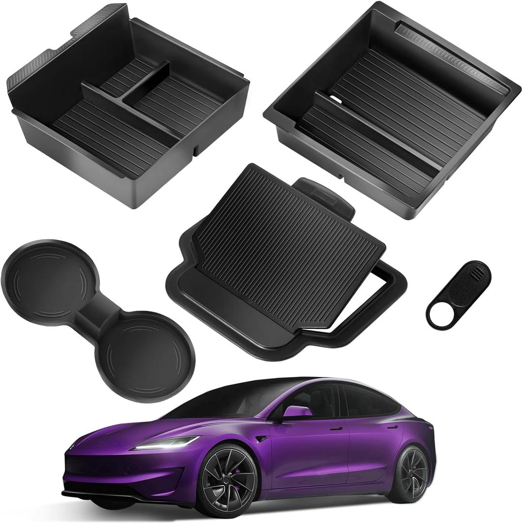 Center Console Organizer Tray for Tesla Model Y Juniper Accessories 2025 2026/For Tesla Model 3 Highland Accessories 2024 2025 2026 [Slide Smoothly/US Patent] Cup Holder Matte Black