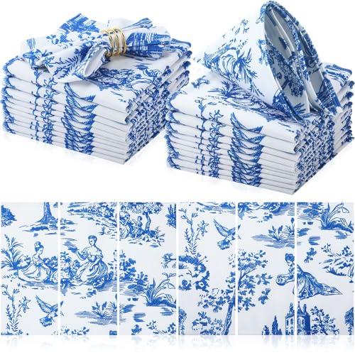 Mindsoft 12 Pcs Blue Cloth Napkins Country French Dining Napkins 18" x 18" Blue Floral Reusable Cloth Napkin Rustic Table Decorative for Fall Christmas Holiday Party Supplies
