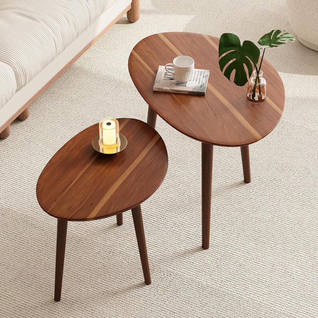 Small Oval Coffee Tables Set, Acacia Wood Nesting Tables 25.6"x17.7"+17.7"x13.4" for Living Room Small Spaces Office,Easy Assembly Wooden Minimalist Walnut Mid Century Modern Coffee Table