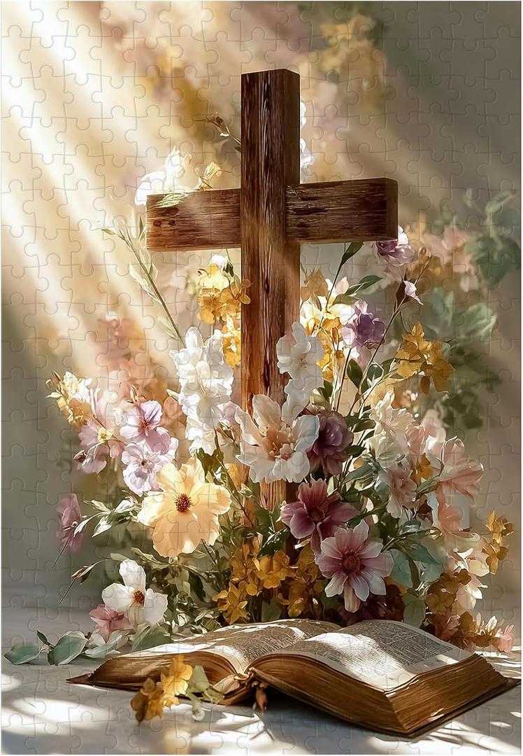 Great Jigsaw Puzzles for Adults 300 Pieces Religious Cross with Daisy Flowers Puzzles for Adults Toys Gift Family Decoration Kids Puzzle (300PCS-15"x10")