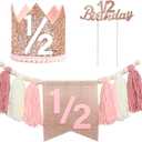 1/2 Birthday Girl Pink Half Birthday Decorations High Chair Banner Tassel Wood Bead Garland6 Months Decorations