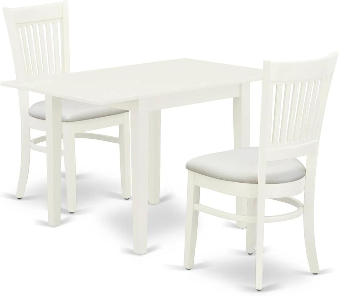 East West Furniture NDVA3-LWH-C 3 Piece Kitchen Table & Chairs Set Contains a Rectangle Dining Room Table with Dropleaf and 2 Linen Fabric Upholstered Chairs, 30x48 Inch, Linen White