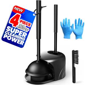 Denvlex 4-Piece Toilet Brush and Plunger Set, Extended Handle Plunger, Toilet Bowl Brush Plunger Set, Bathroom Cleaning Tools, Cleaning Brush, Cleaning Supplies, Toilet Brush Plunger Combo, Black（20inch）
