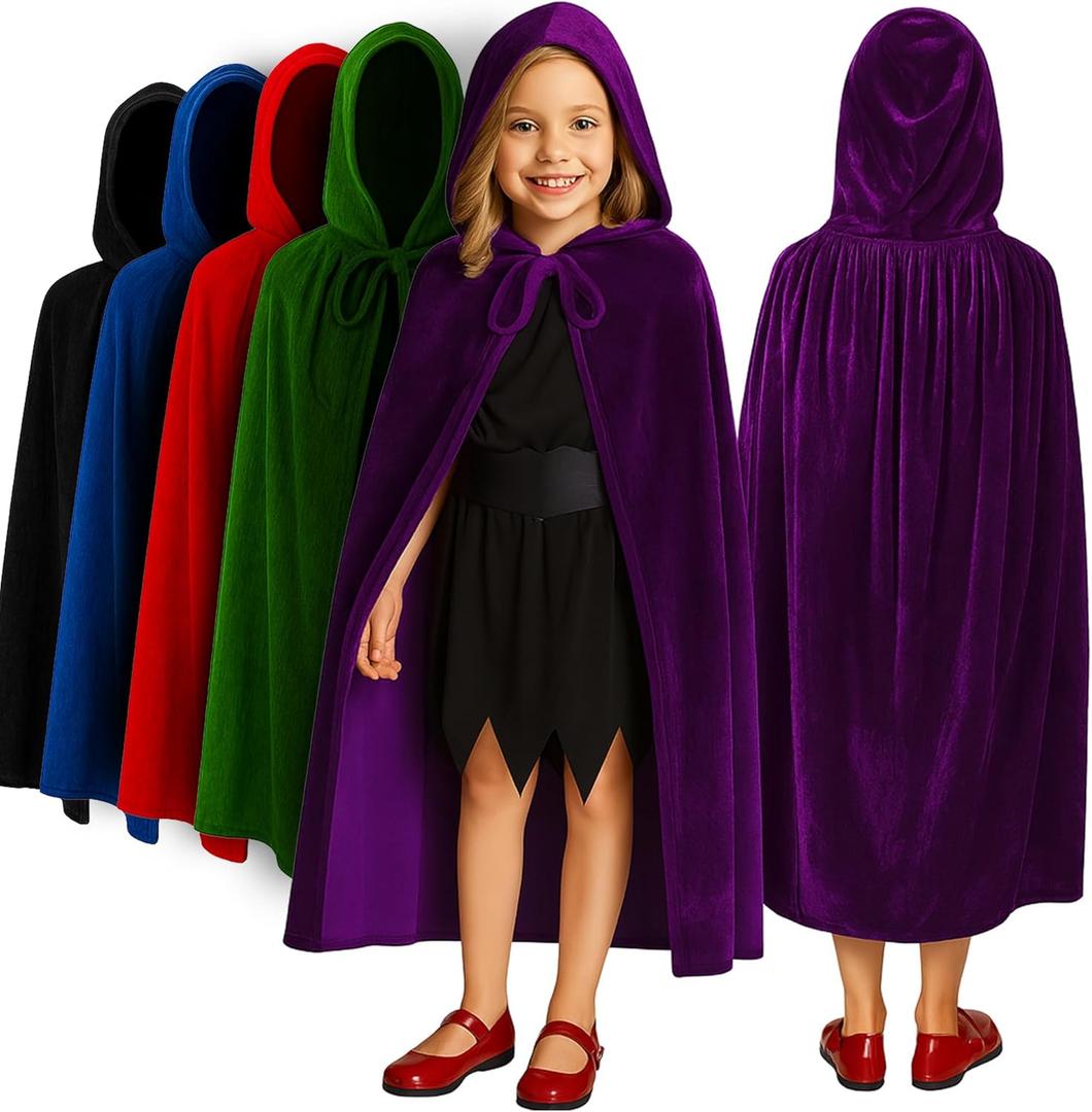ArtCreativity Velvet Hooded Cloak for Kids - 4ft Long  Cloak with Hood and String Closure - Medieval Accessories (Purple)