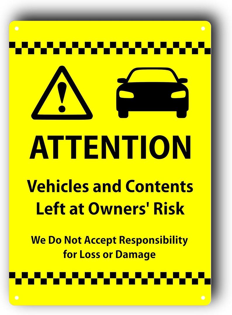 Yellow A4 Aluminium Composite Parking Sign for Car Parks - ''ATTENTION: Vehicles and Contents Left at Owners' Risk'' - UV Printed, Weatherproof, Safe Handling with Rounded Corners, Fixing Holes Included