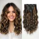 KooKaStyle Short Hair Extensions 6PCS 14 Inch Wavy Curly Hairpieces Synthetic Soft Lace Weft Clip in Hair Extensions-Balayage Dark Brown to Chestnut for Women