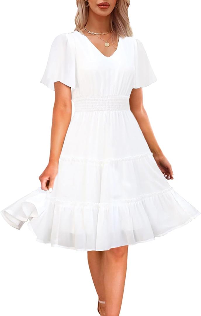 Zattcas Women 2026 Sping Summer Dress V Neck Smocked Waist Casual Flowy A Line Tiered Work Knee Length Dresses, White, Large