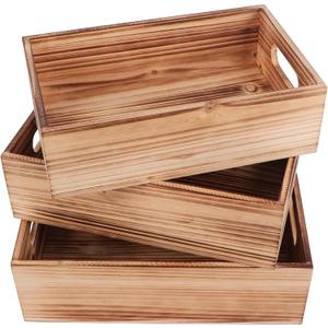 PHOENANCEE Wood Crates For Display,Rustic Crate Storage Decorative Boxes Set of 3,Wooden Nesting Box with Handles Farmhouse Container Basket Bin Home Decoration,Solid Pine,L+M+S