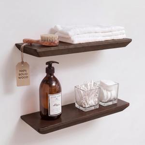 Floating Shelves for Wall -Solid Pine Wood Wall Shelf - Bathroom Shelves -Wall Shelves for Bedroom Living Room - Floating Shelf for Wall Mounted Shelves (Dark Walnut, 16 Inch)