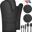 Oven Mitts with Heat-Resistant Hot Pads and Five Silicone Spatulas Designed for Kitchen Baking Cooking, Oven Glove Soft Cotton Lining, Waterproof, BPA-Free (Gun Black)
