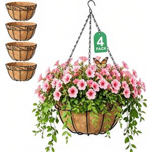 AMAGABELI Garden & Home 4 Pack 15 Inch Plant Hanging Baskets Metal Hanging Planter Flower Pots Outdoor Indoor Wire Hanging Basket for Plants with Coco Fiber Liners Chain for Garden Home Porch Decor