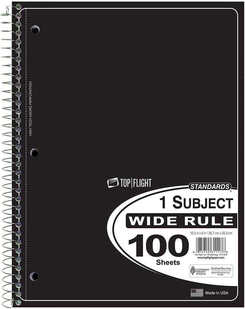 Top Flight Standards 1-Subject Wirebound Notebook, 100 Sheets, 3-Hole Punched, Wide Rule, 10.5 x 8 Inches, 1 Notebook, Color May Vary (31117)