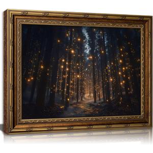 Vintage Gold Framed Enchanted Forest Wall Art, Gothic Magical Firefly Night Canvas Print Poster, Dark Academy Mystical Decor for Living Room Bedroom, Whimsical Nature Home Decoration, 24"l X 16"w